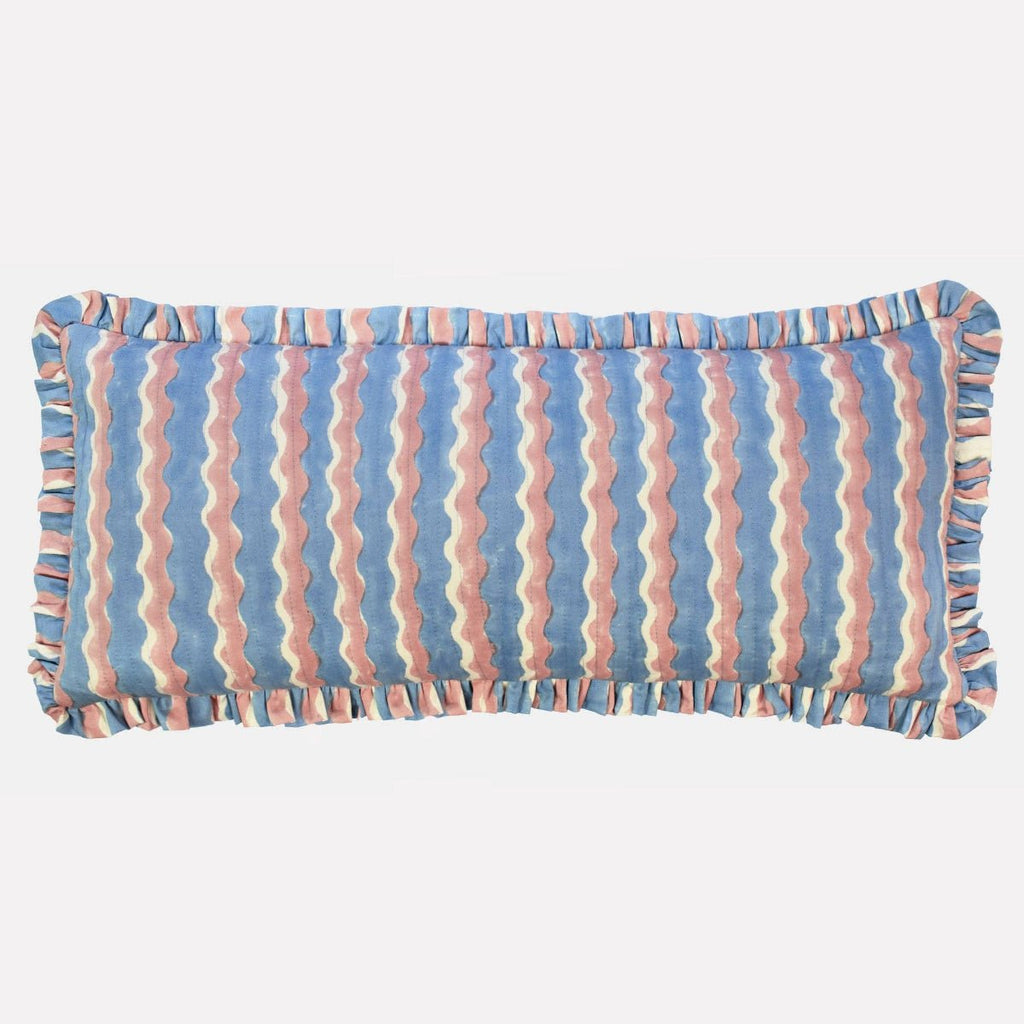 Yonder Hand Block Printed Ruffled Bolster Cushion Cover - Large - Soft White, Blue, Pink - RhoolCushionYONDER.Yonder Hand Block Printed Ruffled Bolster Cushion Cover - Large - Soft White, Blue, Pink