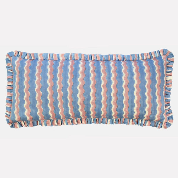 Yonder Hand Block Printed Ruffled Bolster Cushion Cover - Large - Soft White, Blue, Pink - RhoolCushionYONDER.Yonder Hand Block Printed Ruffled Bolster Cushion Cover - Large - Soft White, Blue, Pink
