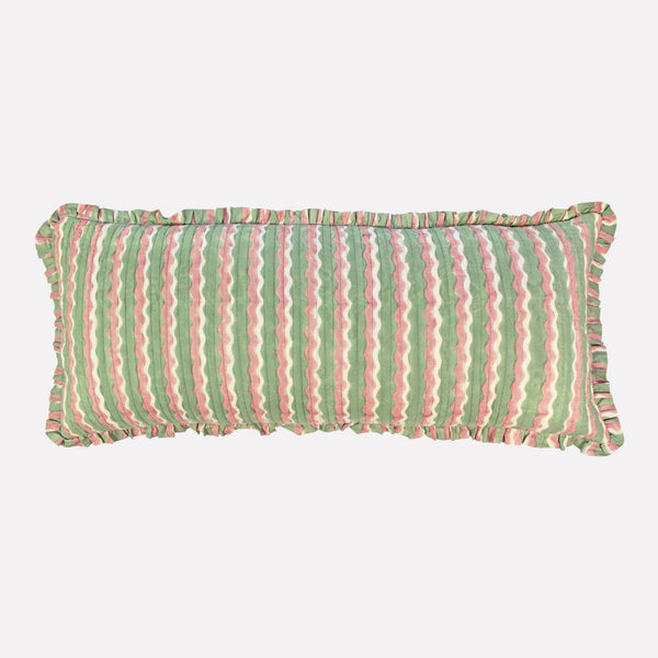 Yonder Hand Block Printed Ruffled Bolster Cushion Cover - Large - Soft White, Green, Pink - RhoolCushionYONDER.Yonder Hand Block Printed Ruffled Bolster Cushion Cover - Large - Soft White, Green, Pink