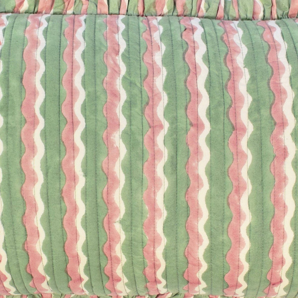 Yonder Hand Block Printed Ruffled Bolster Cushion Cover - Large - Soft White, Green, Pink - RhoolCushionYONDER.Yonder Hand Block Printed Ruffled Bolster Cushion Cover - Large - Soft White, Green, Pink