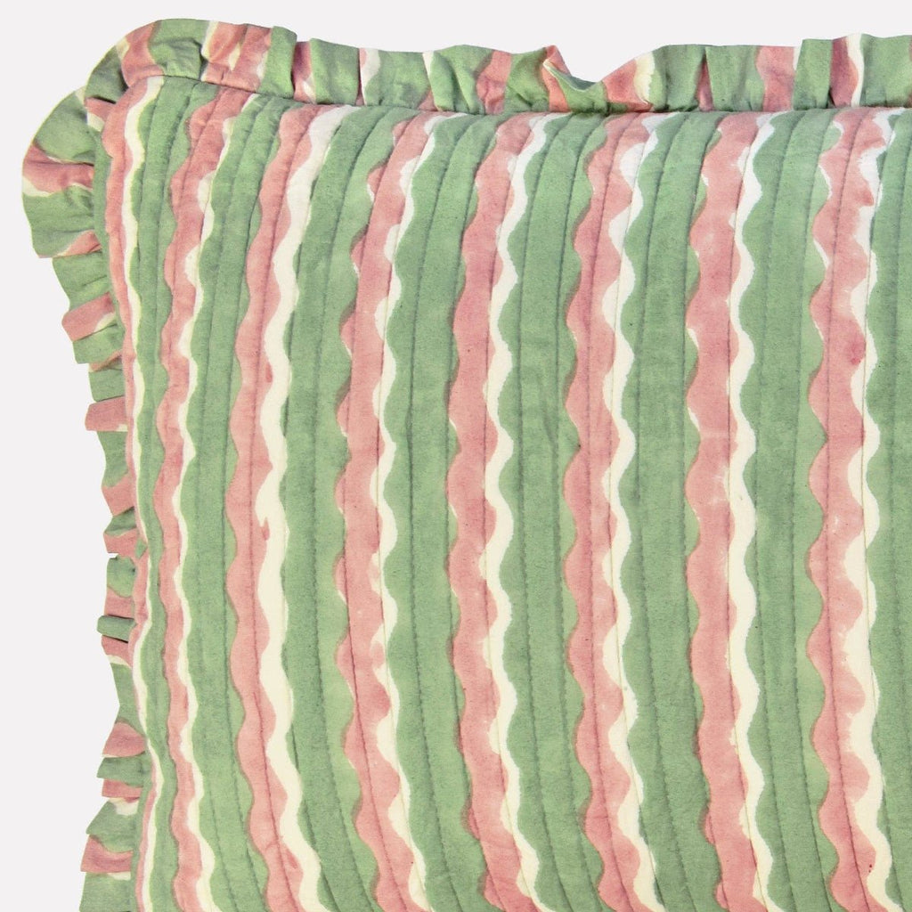 Yonder Hand Block Printed Ruffled Bolster Cushion Cover - Large - Soft White, Green, Pink - RhoolCushionYONDER.Yonder Hand Block Printed Ruffled Bolster Cushion Cover - Large - Soft White, Green, Pink