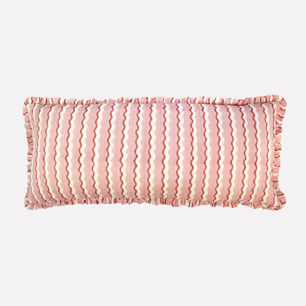 Yonder Hand Block Printed Ruffled Bolster Cushion Cover - Large - Soft White, Pink, Red - RhoolCushionYONDER.Yonder Hand Block Printed Ruffled Bolster Cushion Cover - Large - Soft White, Pink, Red