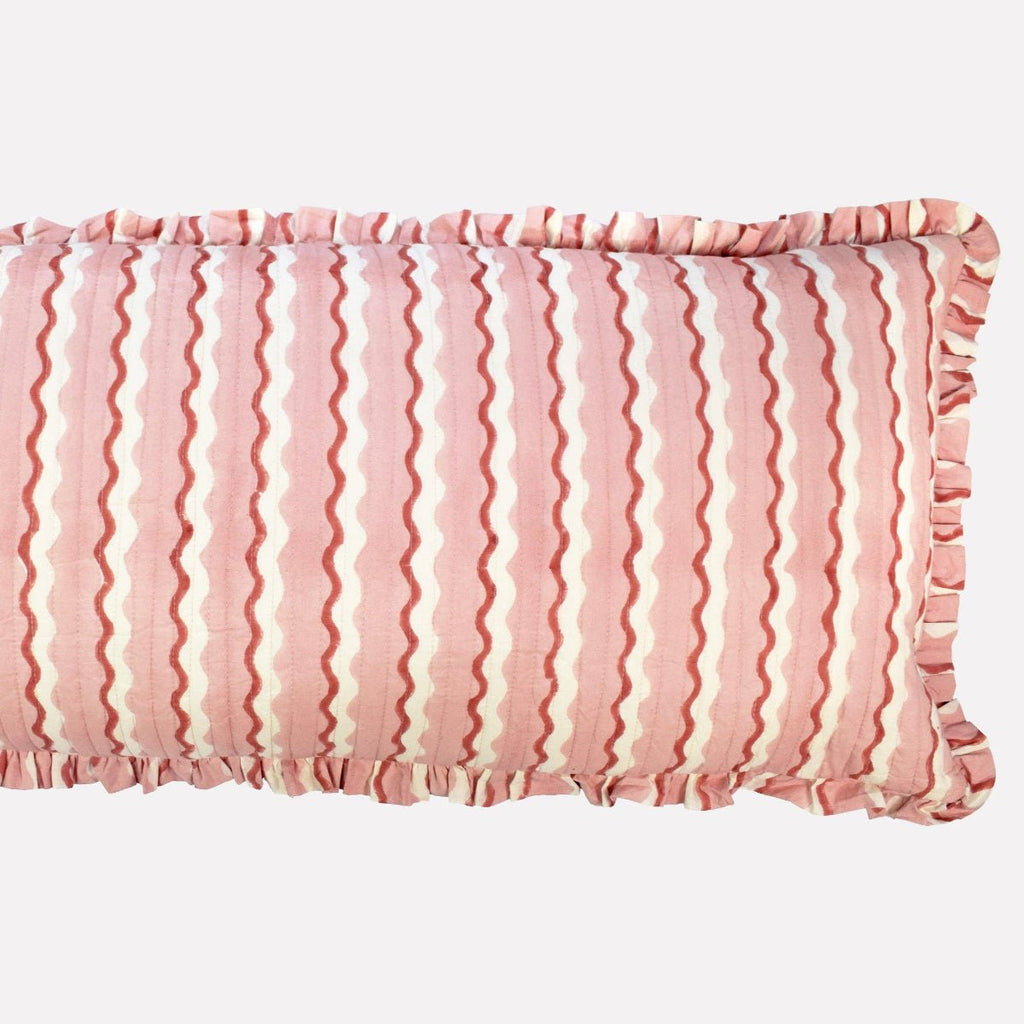 Yonder Hand Block Printed Ruffled Bolster Cushion Cover - Large - Soft White, Pink, Red - RhoolCushionYONDER.Yonder Hand Block Printed Ruffled Bolster Cushion Cover - Large - Soft White, Pink, Red