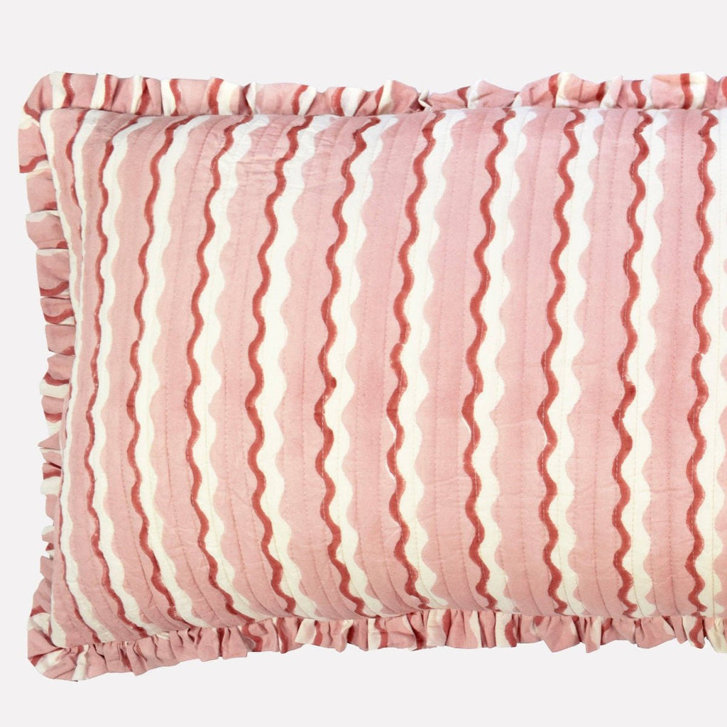 Yonder Hand Block Printed Ruffled Bolster Cushion Cover - Large - Soft White, Pink, Red - RhoolCushionYONDER.Yonder Hand Block Printed Ruffled Bolster Cushion Cover - Large - Soft White, Pink, Red