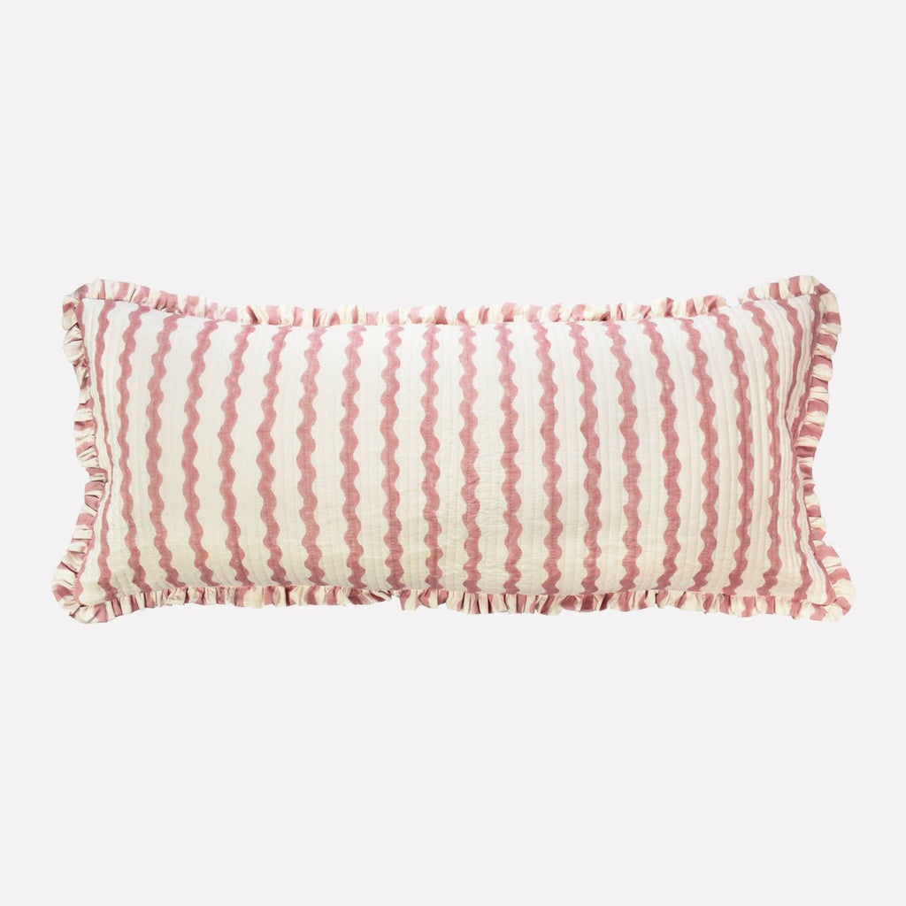 Yonder Hand Block Printed Ruffled Bolster Cushion Cover - Large - Soft White, Pink - RhoolCushionYONDER.Yonder Hand Block Printed Ruffled Bolster Cushion Cover - Large - Soft White, Pink
