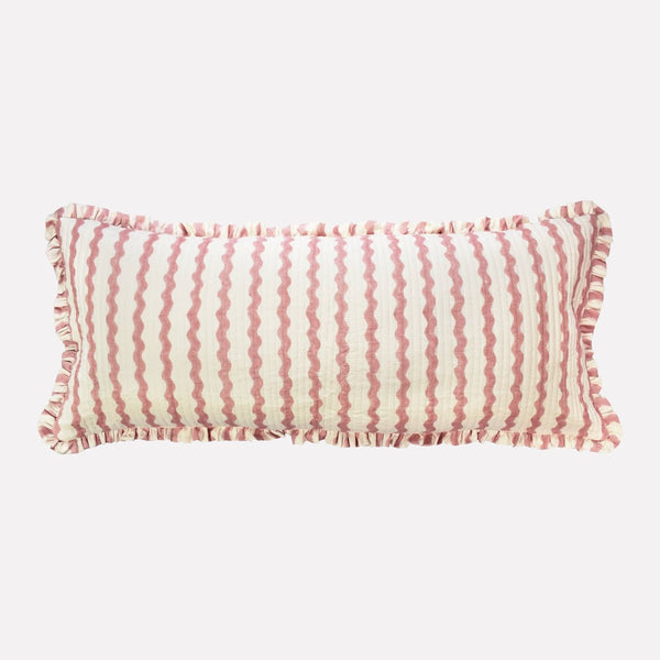 Yonder Hand Block Printed Ruffled Bolster Cushion Cover - Large - Soft White, Pink - RhoolCushionYONDER.Yonder Hand Block Printed Ruffled Bolster Cushion Cover - Large - Soft White, Pink