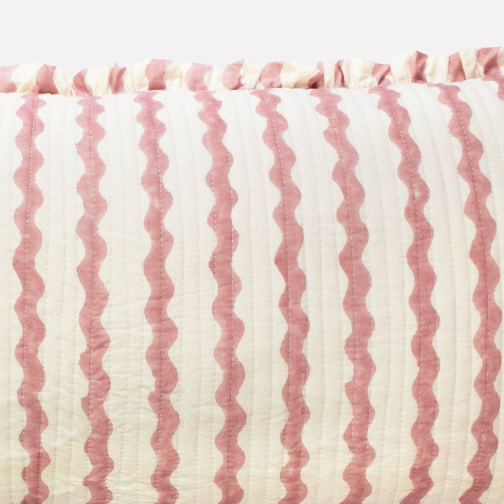 Yonder Hand Block Printed Ruffled Bolster Cushion Cover - Large - Soft White, Pink - RhoolCushionYONDER.Yonder Hand Block Printed Ruffled Bolster Cushion Cover - Large - Soft White, Pink
