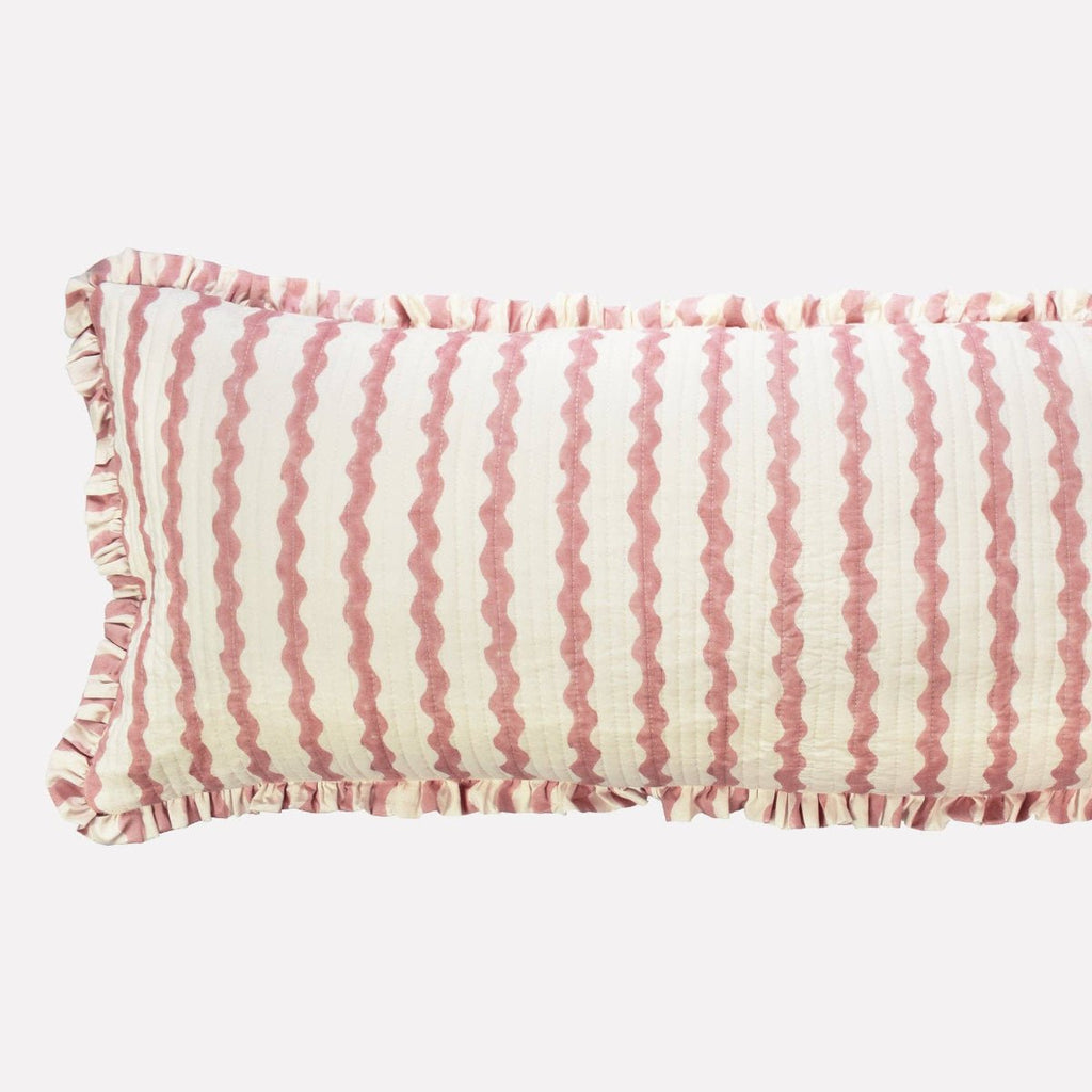 Yonder Hand Block Printed Ruffled Bolster Cushion Cover - Large - Soft White, Pink - RhoolCushionYONDER.Yonder Hand Block Printed Ruffled Bolster Cushion Cover - Large - Soft White, Pink