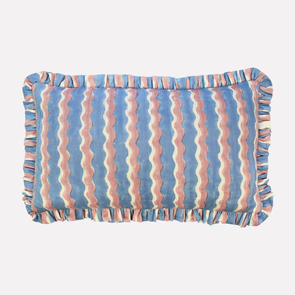 Yonder Hand Block Printed Ruffled Bolster Cushion Cover - Soft White, Blue, Pink - RhoolCushionYONDER.Yonder Hand Block Printed Ruffled Bolster Cushion Cover - Soft White, Blue, Pink