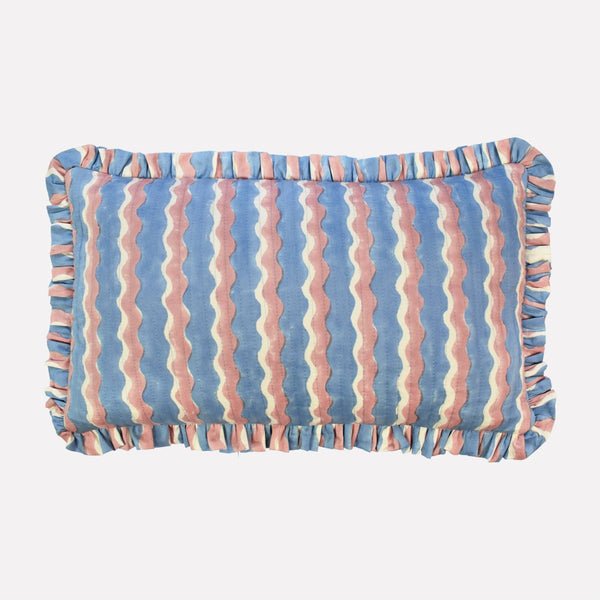 Yonder Hand Block Printed Ruffled Bolster Cushion Cover - Soft White, Blue, Pink - RhoolCushionYONDER.Yonder Hand Block Printed Ruffled Bolster Cushion Cover - Soft White, Blue, Pink