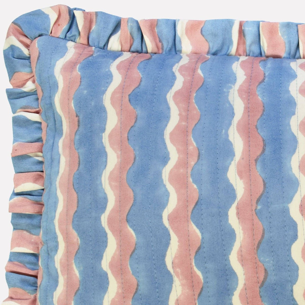 Yonder Hand Block Printed Ruffled Bolster Cushion Cover - Soft White, Blue, Pink - RhoolCushionYONDER.Yonder Hand Block Printed Ruffled Bolster Cushion Cover - Soft White, Blue, Pink