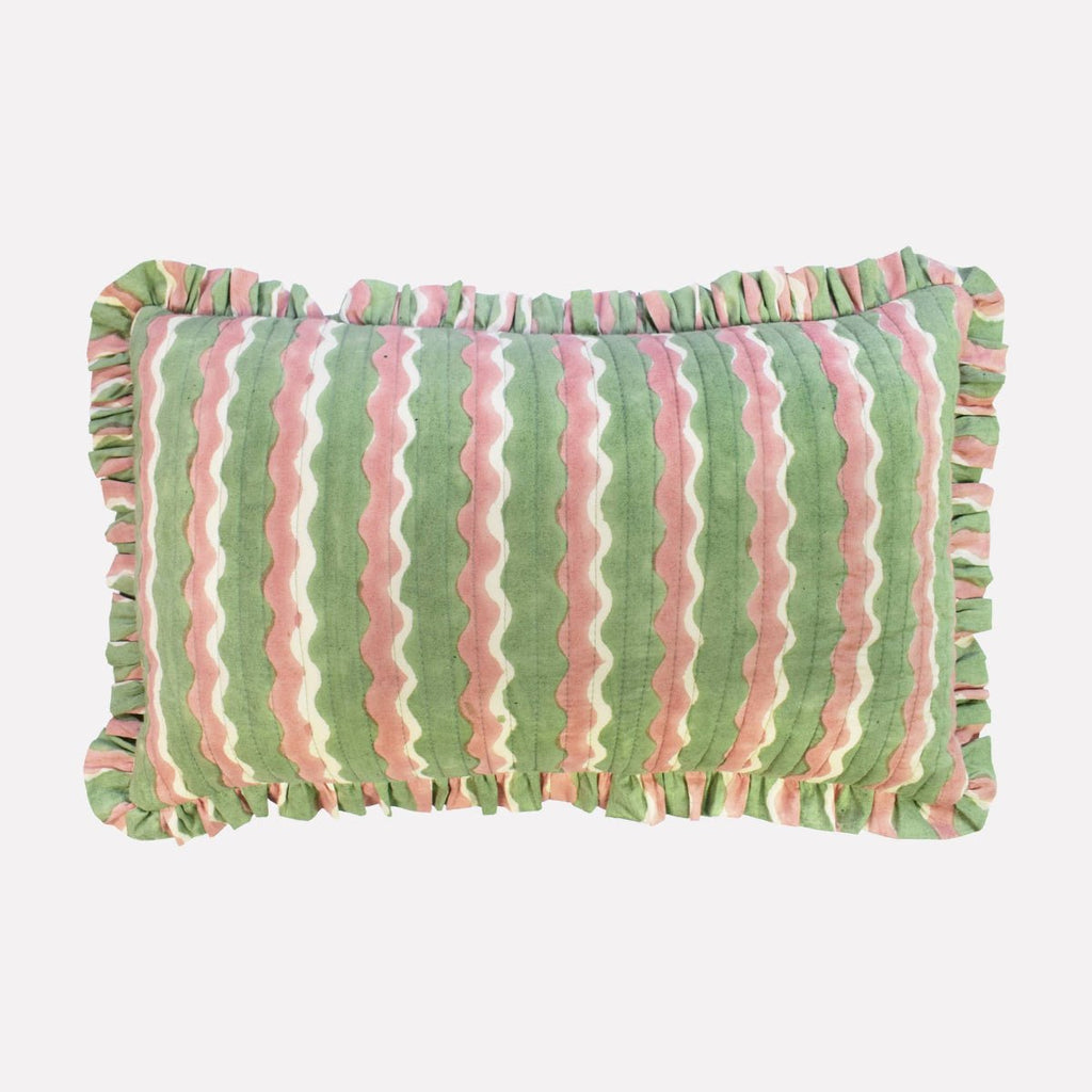 Yonder Hand Block Printed Ruffled Bolster Cushion Cover - Soft White, Green, Pink - RhoolCushionYONDER.Yonder Hand Block Printed Ruffled Bolster Cushion Cover - Soft White, Green, Pink