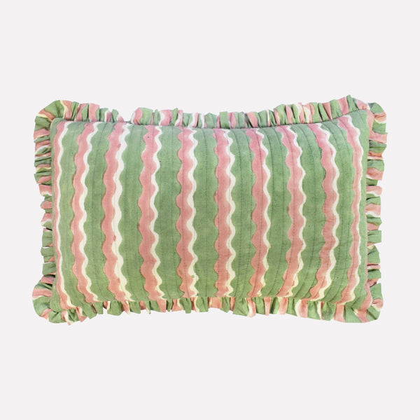 Yonder Hand Block Printed Ruffled Bolster Cushion Cover - Soft White, Green, Pink - RhoolCushionYONDER.Yonder Hand Block Printed Ruffled Bolster Cushion Cover - Soft White, Green, Pink