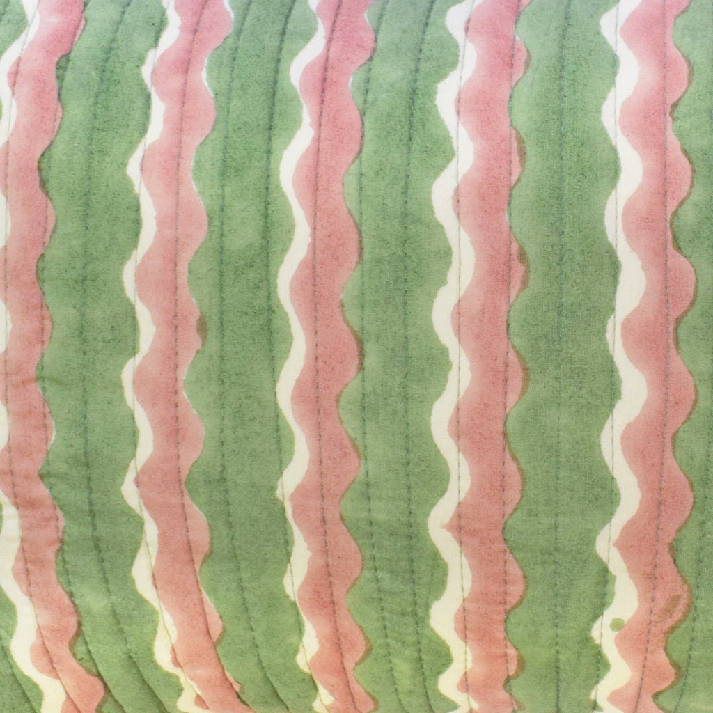 Yonder Hand Block Printed Ruffled Bolster Cushion Cover - Soft White, Green, Pink - RhoolCushionYONDER.Yonder Hand Block Printed Ruffled Bolster Cushion Cover - Soft White, Green, Pink