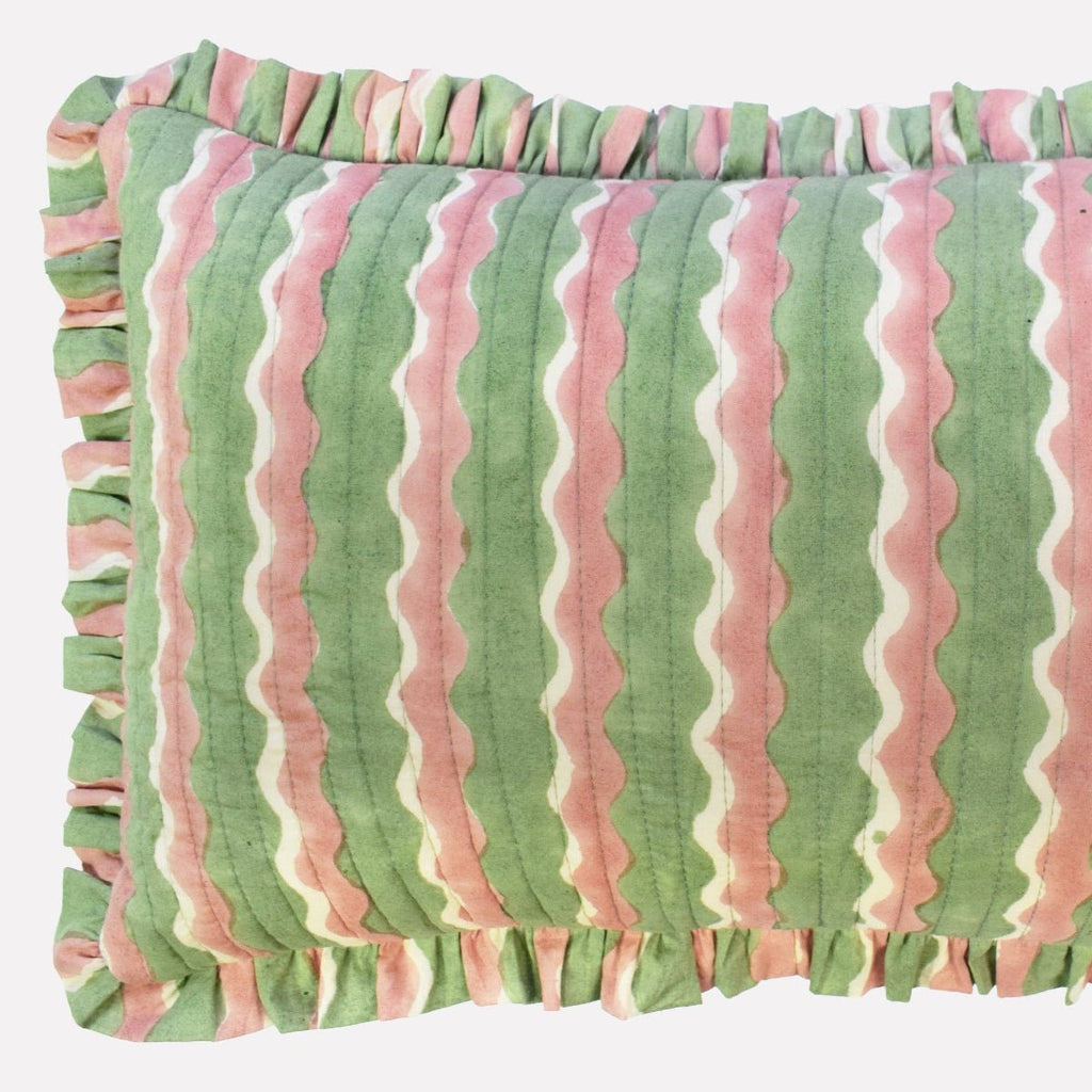 Yonder Hand Block Printed Ruffled Bolster Cushion Cover - Soft White, Green, Pink - RhoolCushionYONDER.Yonder Hand Block Printed Ruffled Bolster Cushion Cover - Soft White, Green, Pink