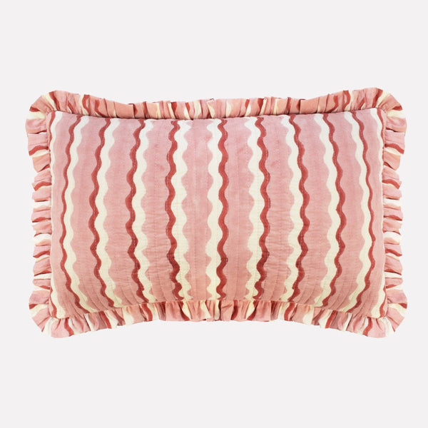 Yonder Hand Block Printed Ruffled Bolster Cushion Cover - Soft White, Pink and Red - RhoolCushionYONDER.Yonder Hand Block Printed Ruffled Bolster Cushion Cover - Soft White, Pink and Red