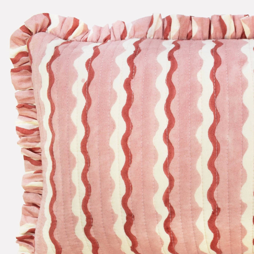 Yonder Hand Block Printed Ruffled Bolster Cushion Cover - Soft White, Pink and Red - RhoolCushionYONDER.Yonder Hand Block Printed Ruffled Bolster Cushion Cover - Soft White, Pink and Red