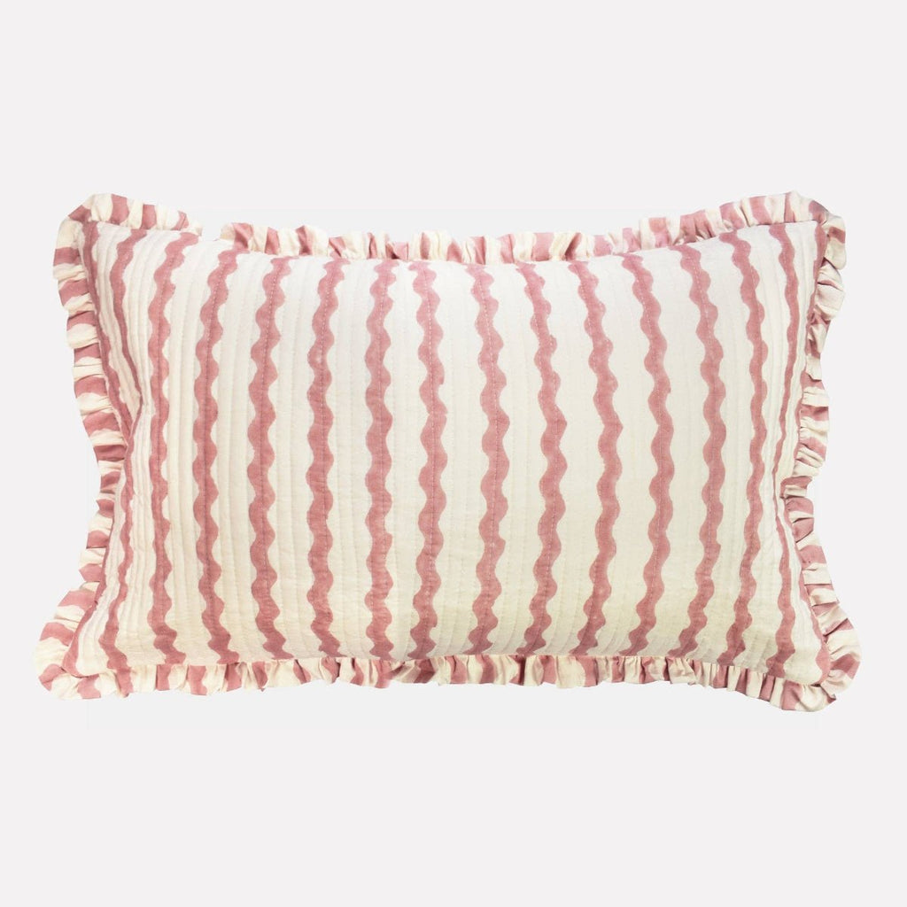 Yonder Hand Block Printed Ruffled Bolster Cushion Cover - Soft White, Pink - RhoolCushionYONDER.Yonder Hand Block Printed Ruffled Bolster Cushion Cover - Soft White, Pink