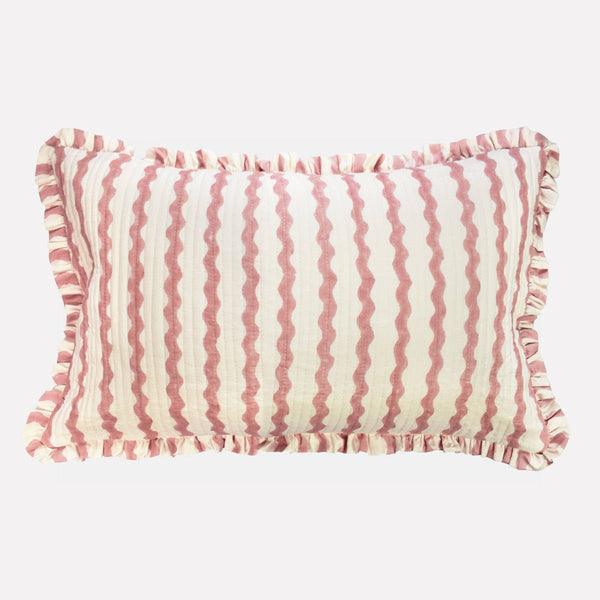Yonder Hand Block Printed Ruffled Bolster Cushion Cover - Soft White, Pink - RhoolCushionYONDER.Yonder Hand Block Printed Ruffled Bolster Cushion Cover - Soft White, Pink