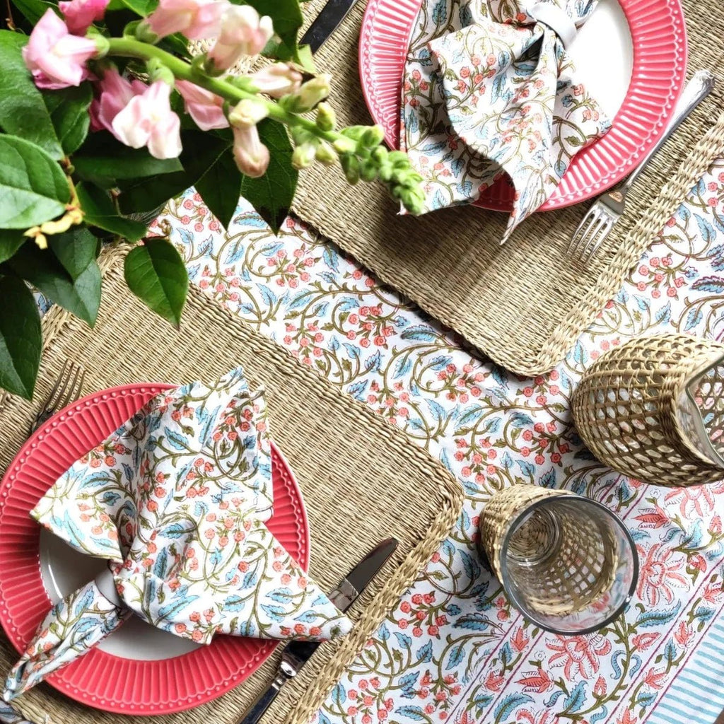 Block Printed Round Tablecloth - Coral/Blue - RhoolTable clothIndian Block PrintBlock Printed Round Tablecloth - Coral/Blue