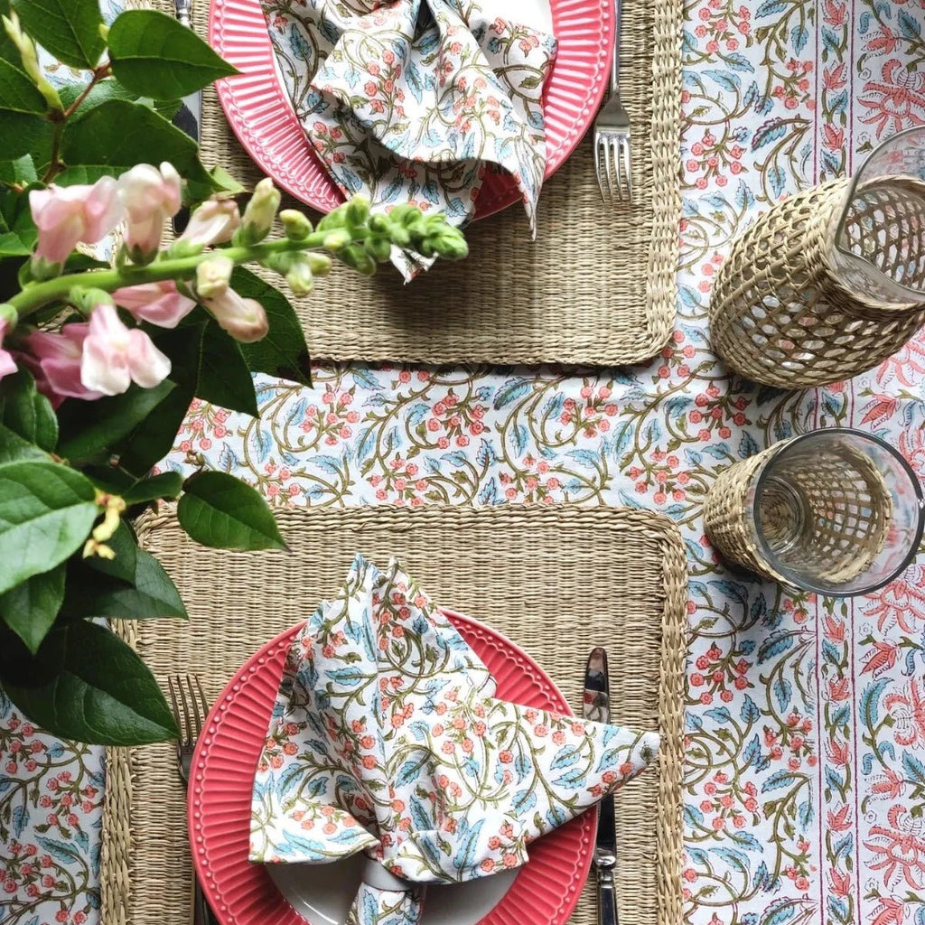 Block Printed Round Tablecloth - Coral/Blue - RhoolTable clothIndian Block PrintBlock Printed Round Tablecloth - Coral/Blue
